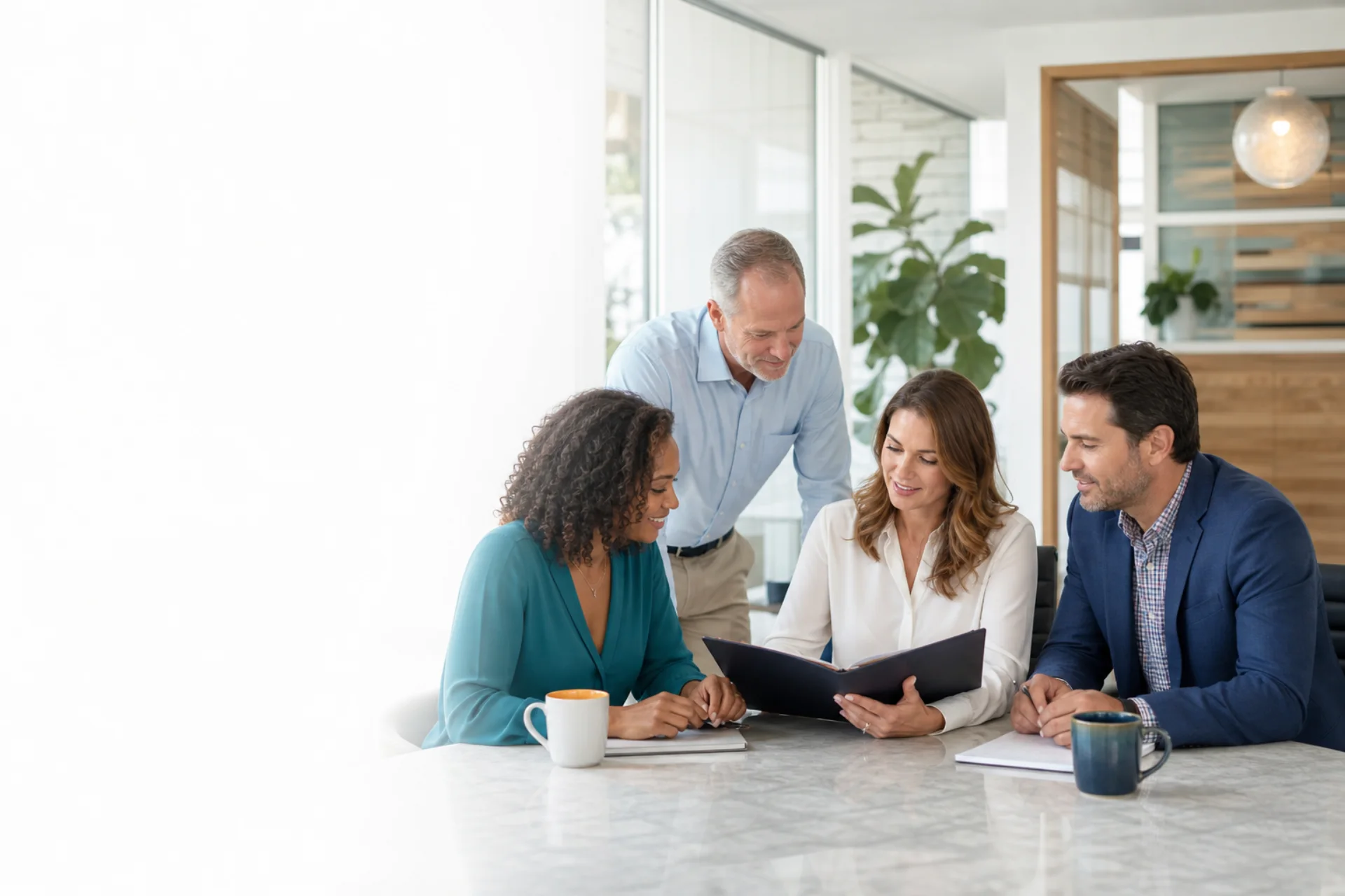 Four insurance professionals collaborating around an office table