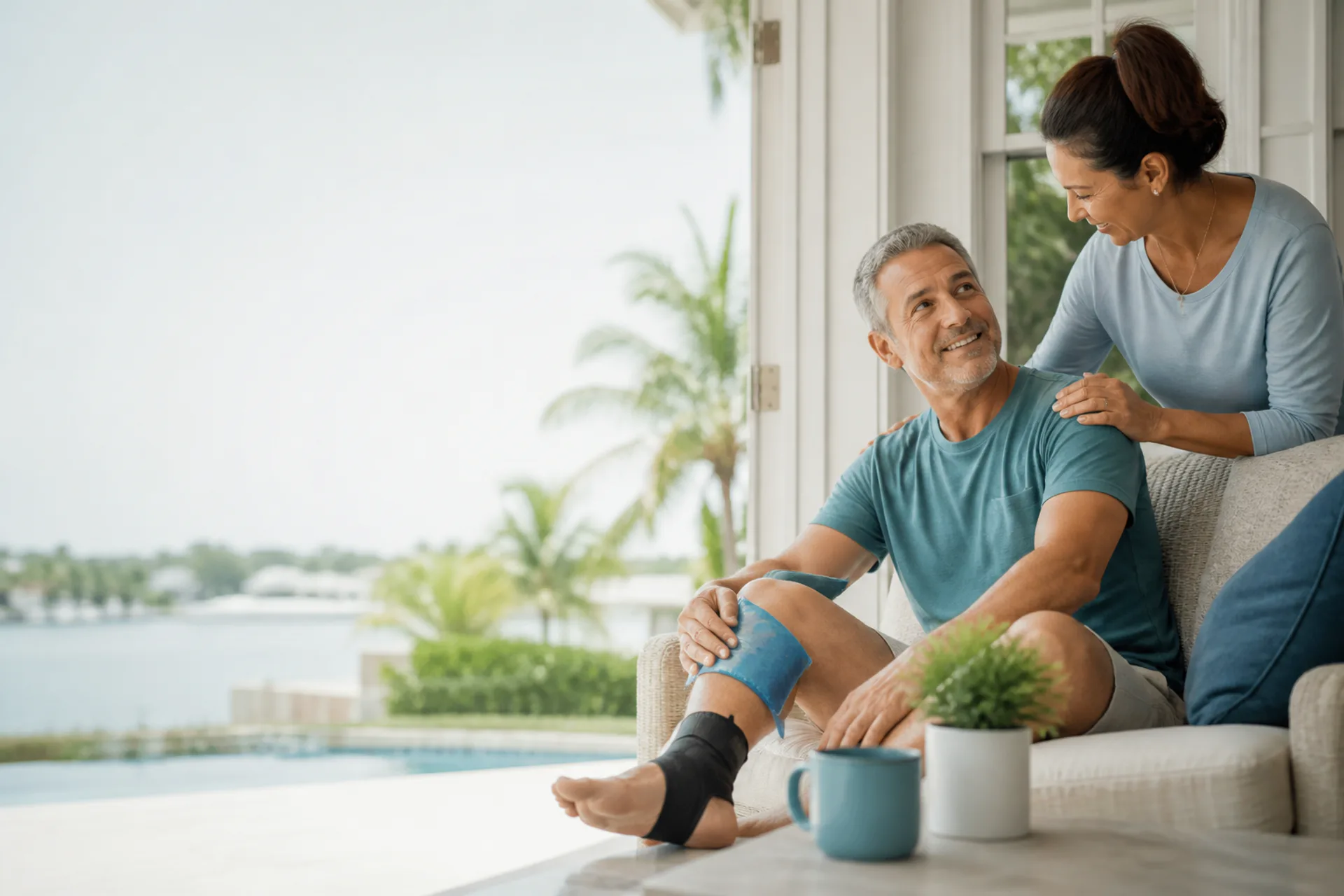 A man recovering from an ankle injury with support from a family member at home in Florida