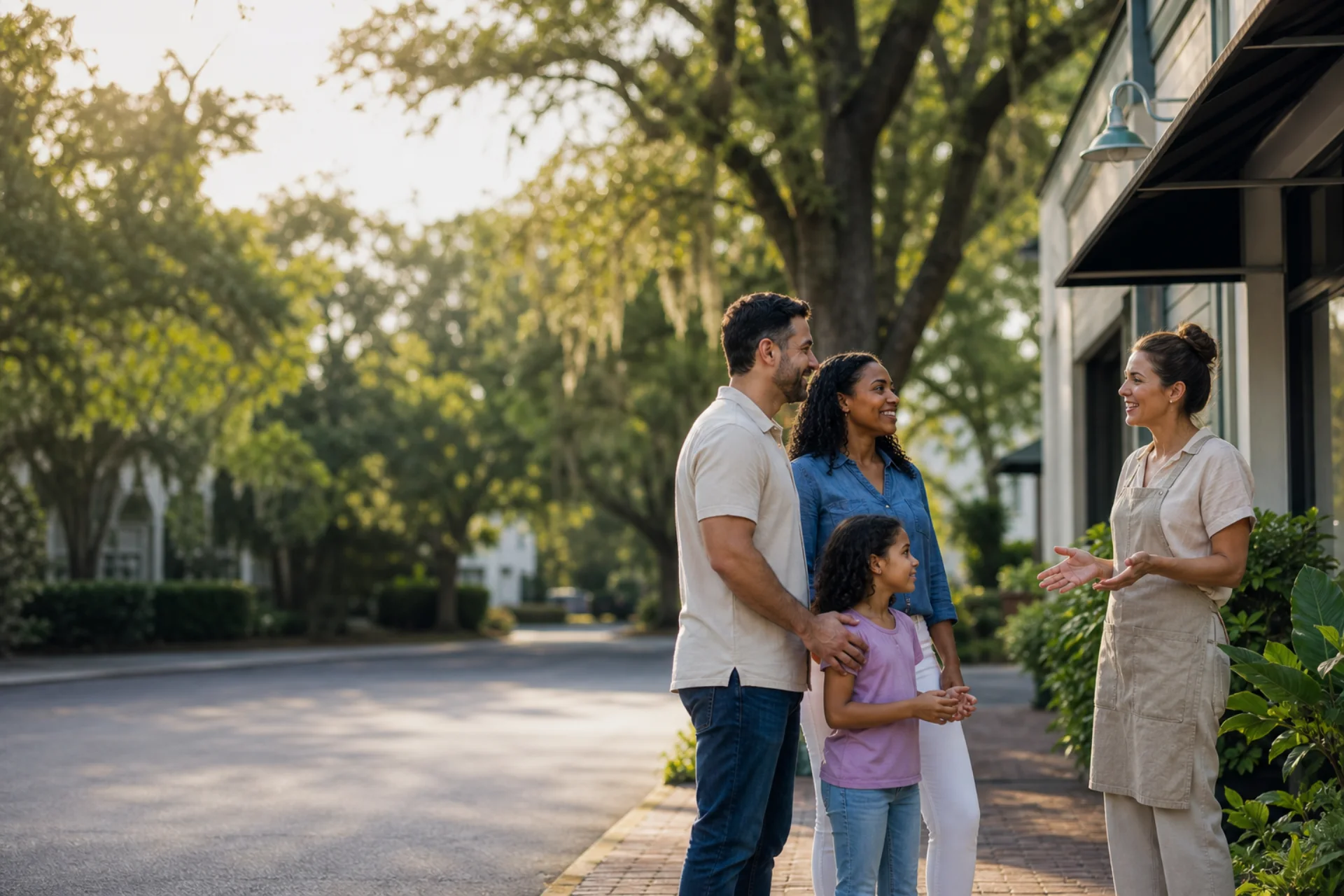 A Brandon family speaking with a small-business owner in a leafy Florida neighborhood