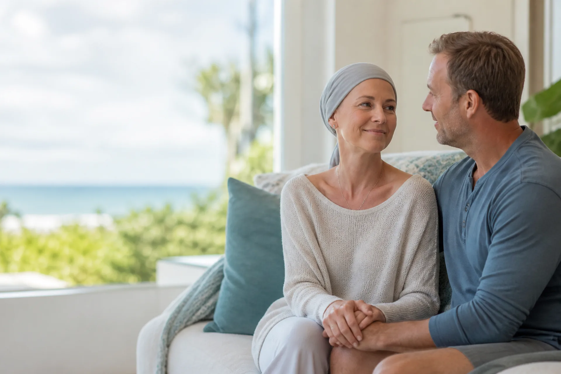 A woman in recovery sharing a hopeful moment with her partner in a bright Florida home
