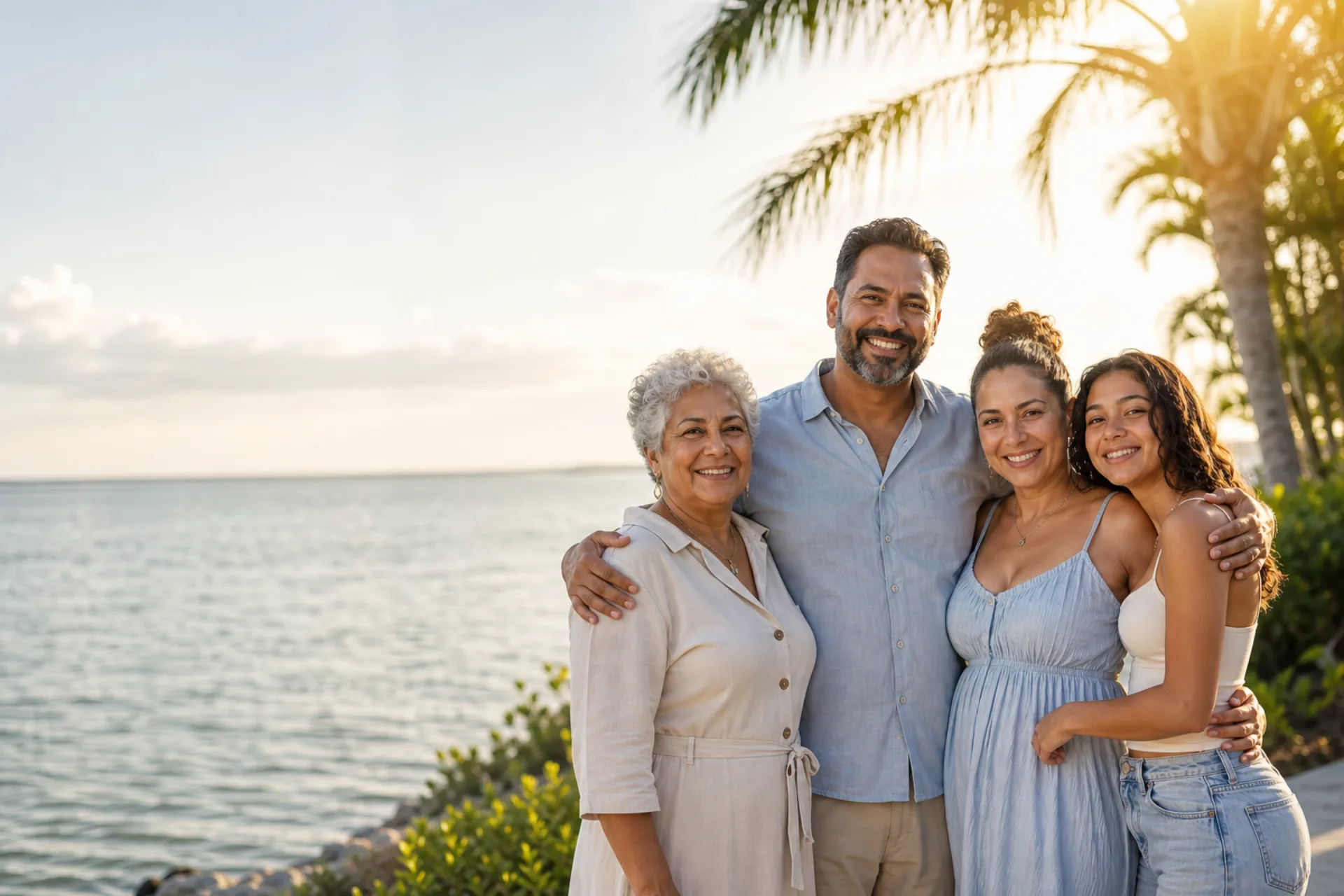 A grandmother, parents and their teenage daughter standing together on the Florida coast in warm afternoon light