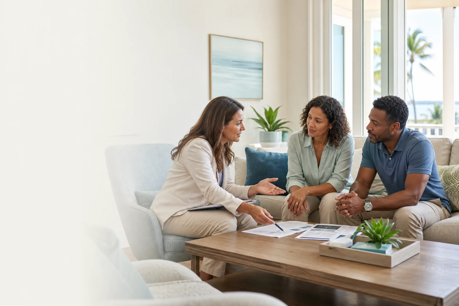 Insurance advisor answering a couple's coverage questions at home