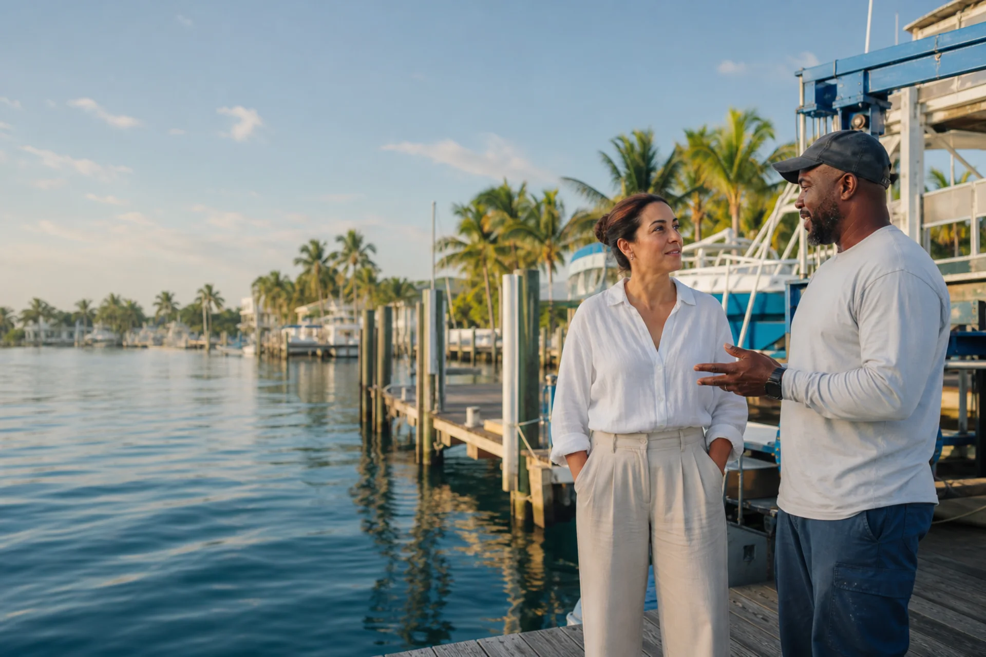 Fort Lauderdale marine and small-business professionals speaking near a sunlit marina