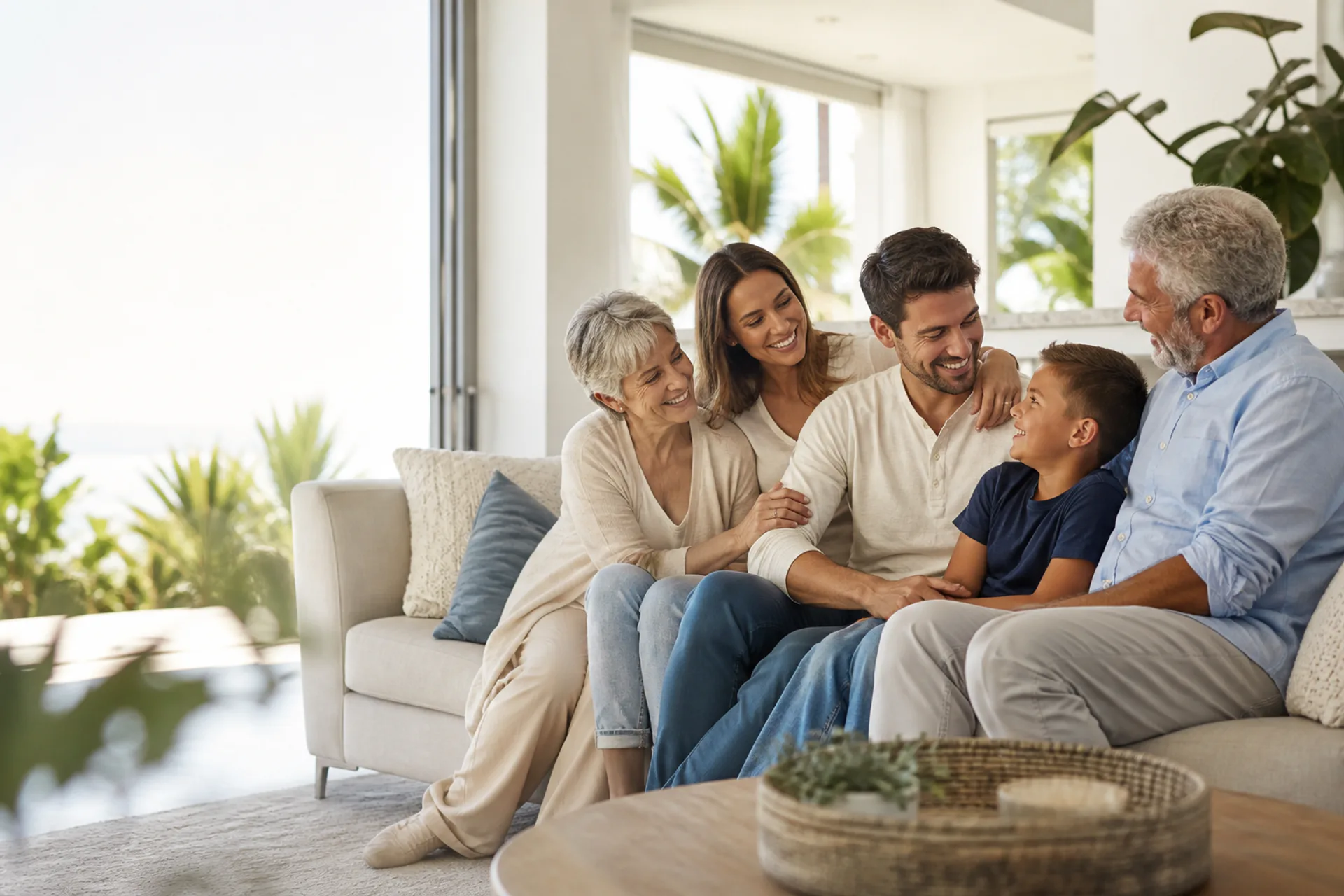 A multigenerational family spending time together in a bright Florida home