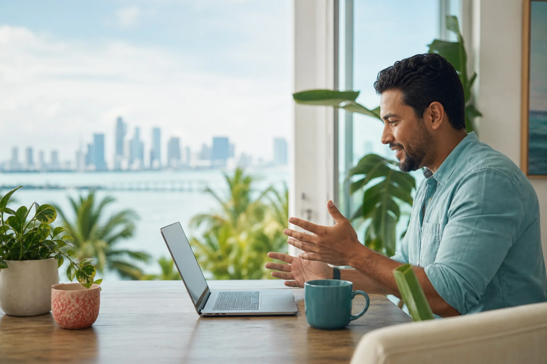 A Miami self-employed professional joining a video insurance consultation from a bright home office