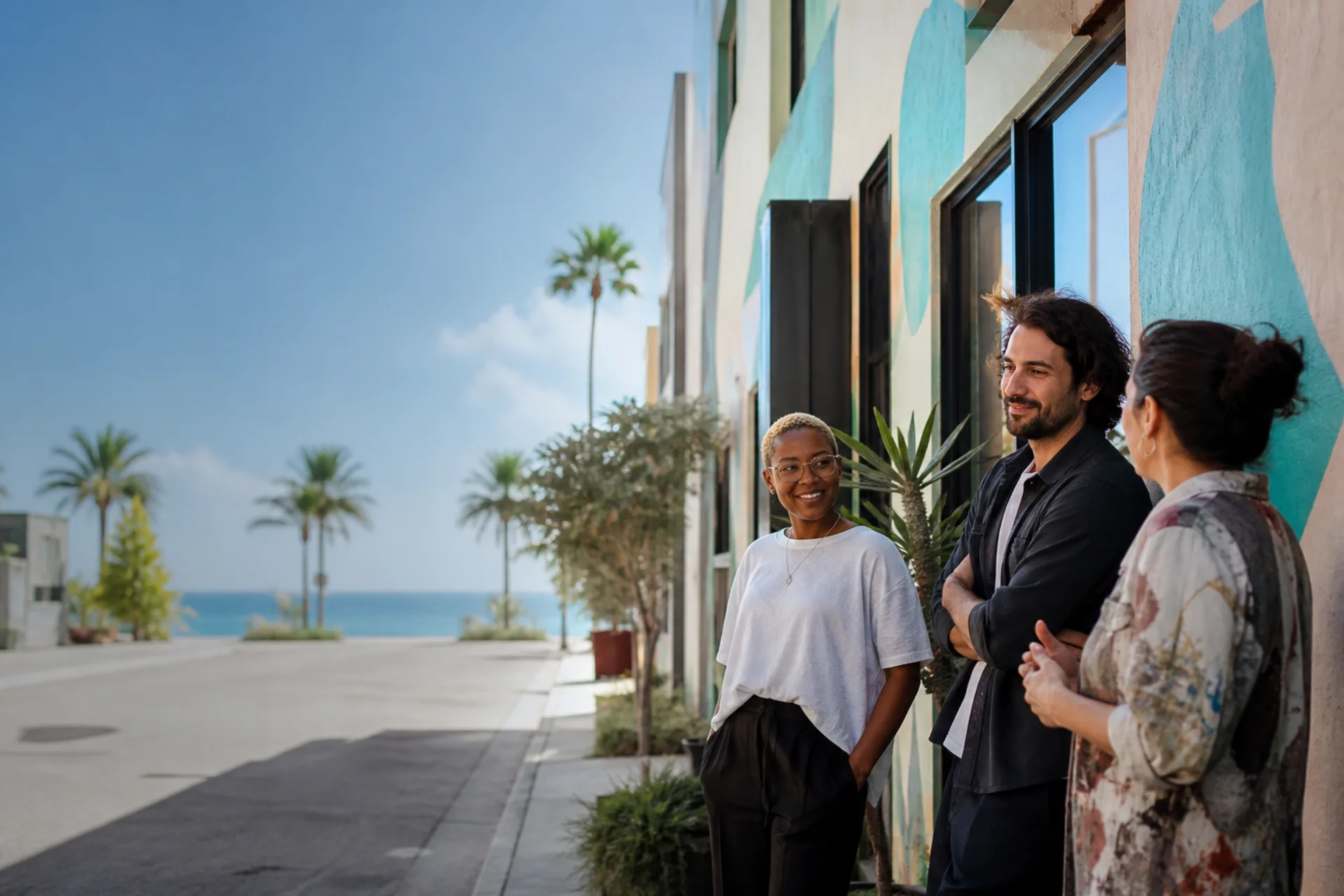 Independent creative professionals outside a bright St. Petersburg arts-district workspace