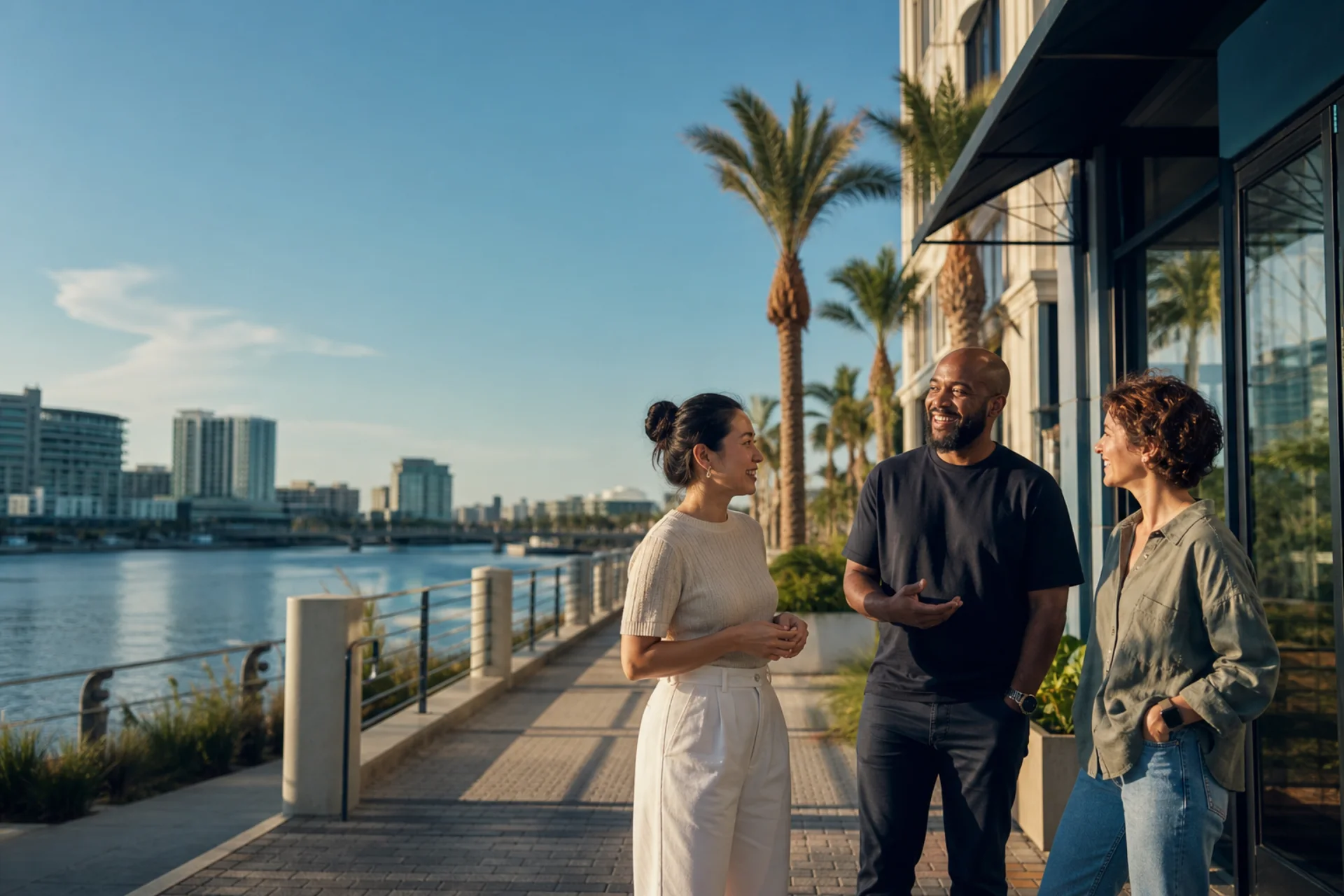 Independent professionals talking near a contemporary Tampa riverfront business district