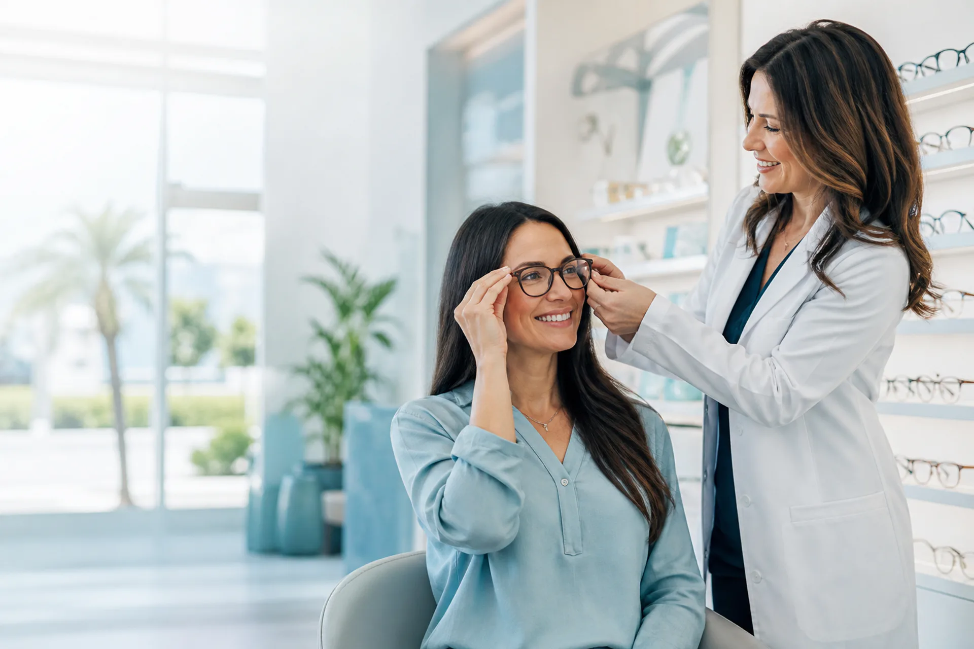 An optometrist helping a patient try on glasses in a bright Florida vision care office