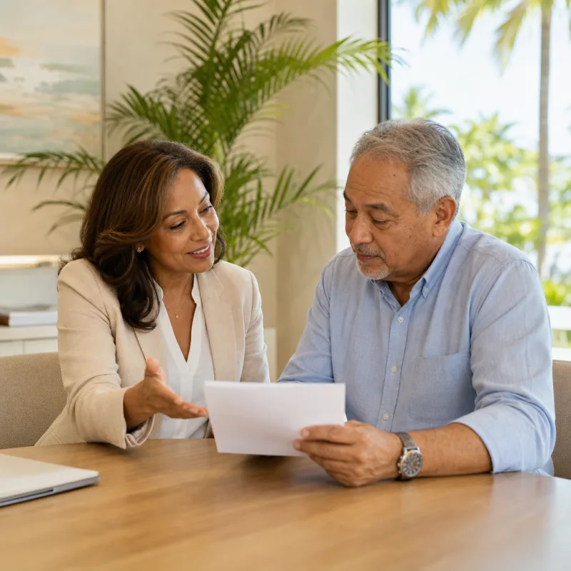 A licensed Healthcare Solutions Team agent going over plan options with a client in a sunlit Florida office